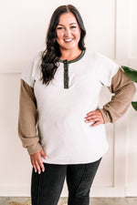 Fleecy Button Front Henley Top In Heathered Grey & Olive