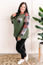 Raglan Olive Waffle Knit Top with Plaid Sleeve