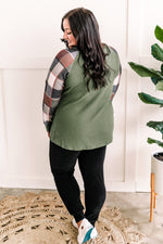 Raglan Olive Waffle Knit Top with Plaid Sleeve