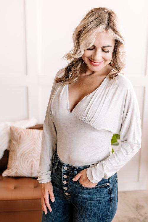 In Too Deep V Neck Bodysuit In Light Grey