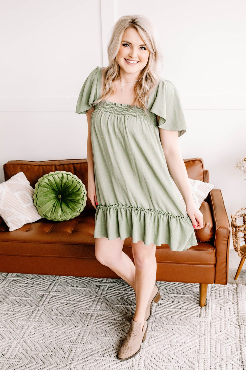 Cruisin' Together Smocked Flutter Sleeve Dress In Willow Tree