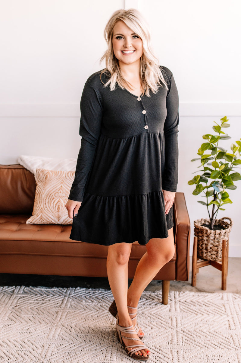 Tier And Far Waffle Knit Dress In Soft Black