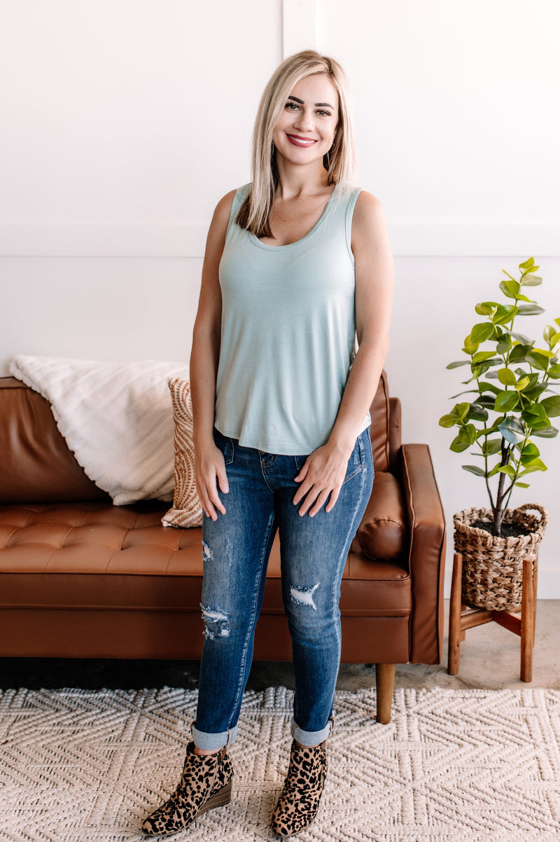 Walk Softly Scoop Neck Tank Top In Aqua Mist