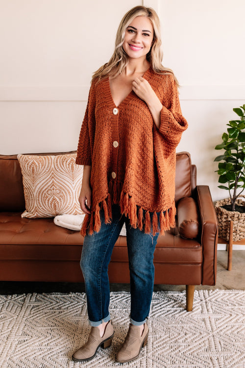 Living On The Edge Fringe Hem Poncho In Chestnut