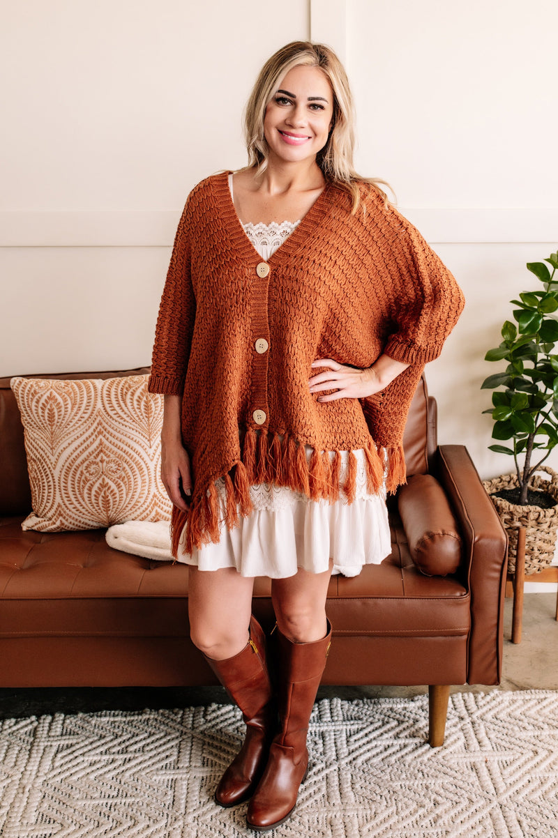 Living On The Edge Fringe Hem Poncho In Chestnut