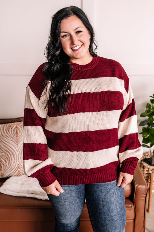 Walk The Line Striped Sweater In Cranberry Fluff