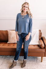 Quarter Past V Neck Top In Peaceful Blue