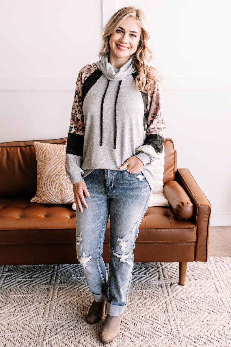 Cover Your Tracks Cowl Neck Sweater In Heathered Grey