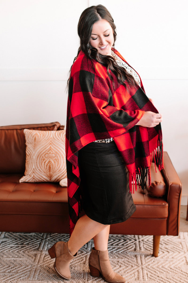 Rain Check Plaid Flannel Shawl In Red And Black