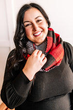 To Infinity Reversible Scarf In Red Houndstooth & Buffalo Plaid