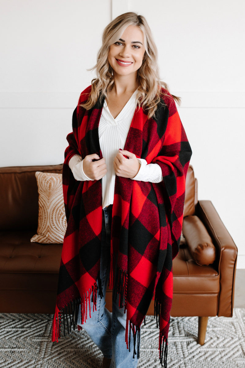 Rain Check Plaid Flannel Shawl In Red And Black