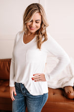 Soft Touch Ribbed V Neck Top With Chest Pocket In Simply White