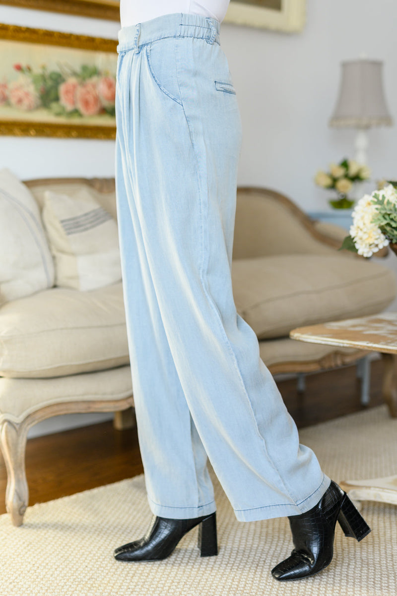 Darling High Waisted Solid Woven Pants in Denim