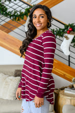 Erika Striped V-Neck Long Sleeve Top in Burgundy BF35