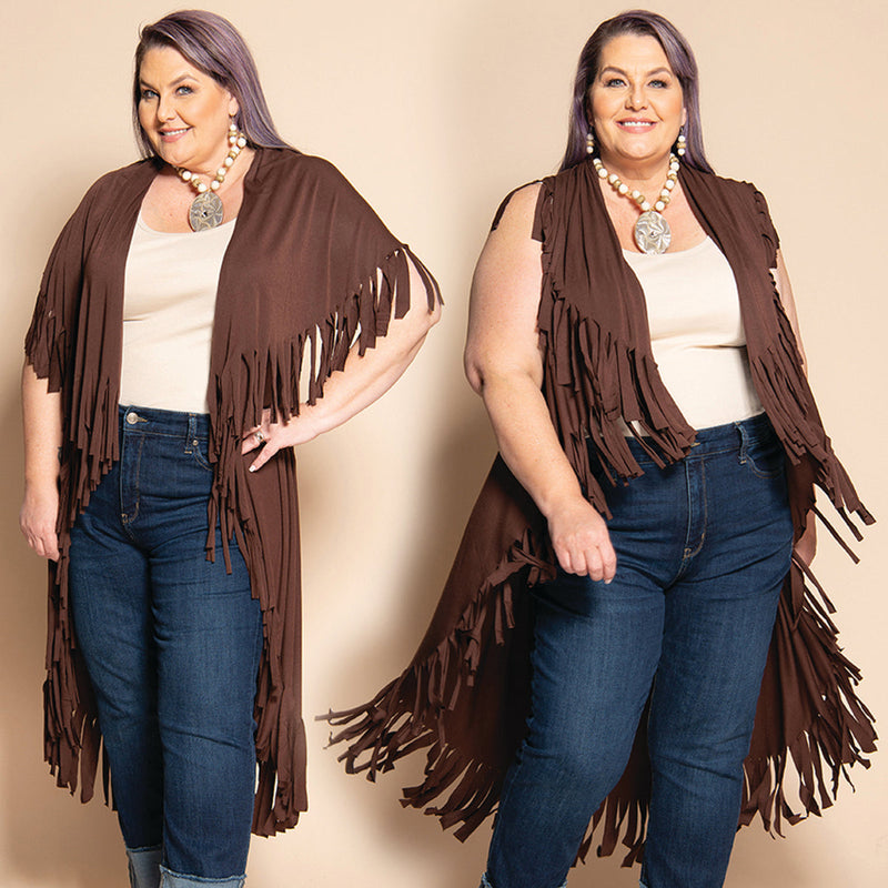 #P887 LONG FRINGE Convertible Shawl -CHOCOLATE