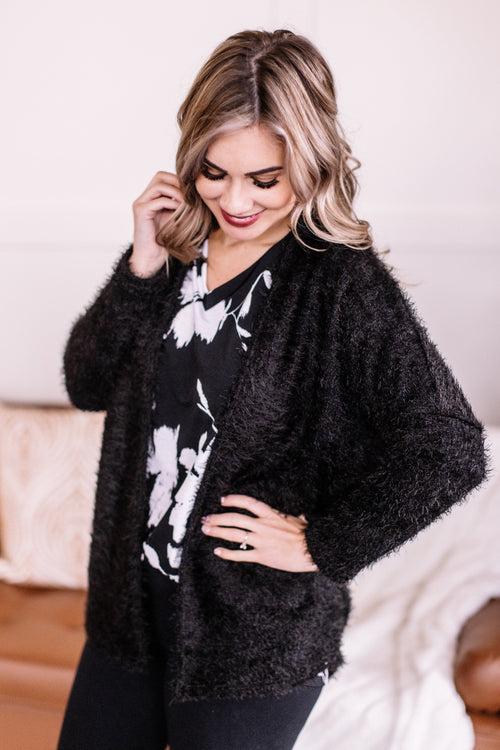 Stay With Me Feather Cardigan In Black