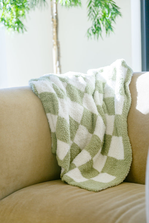 Fuzzy For Days Checkered Blanket In Sage Winter22