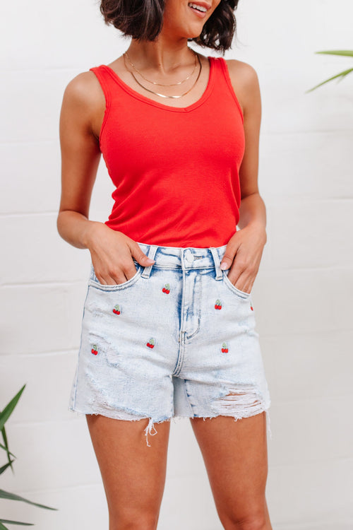 Hi-Waisted Cherry Acid Wash Cutoffs LD23