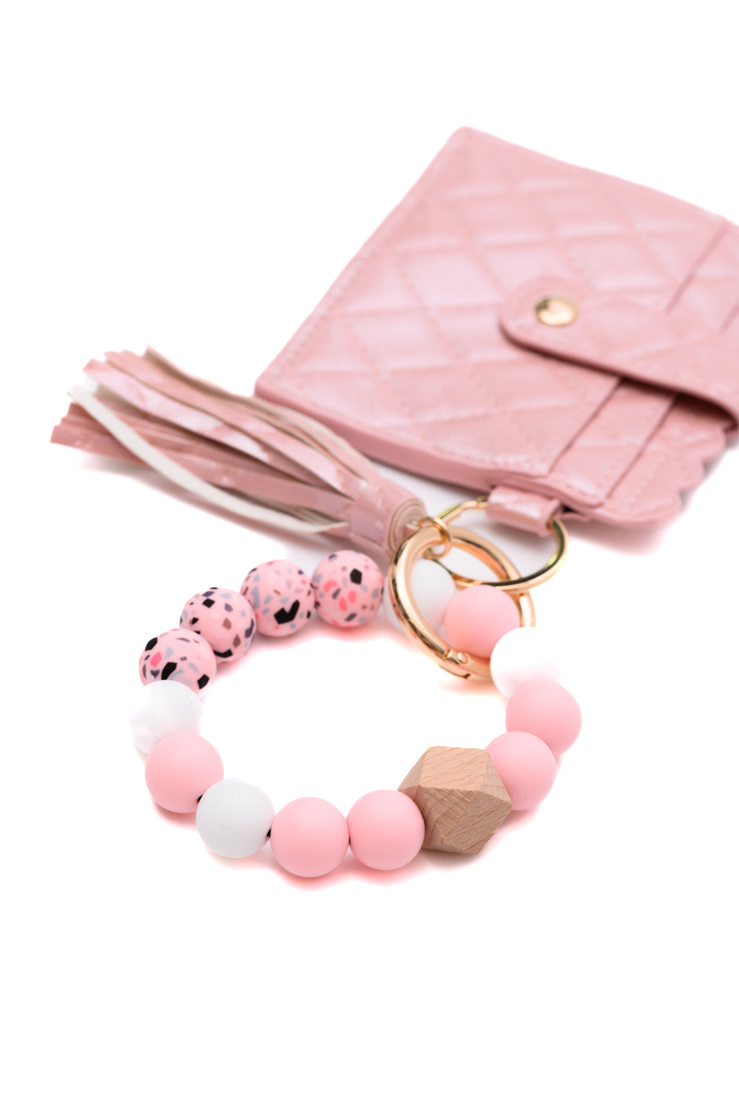 Wristlet Bracelet Keychain Circle Key Ring Pocket Card Holder for Women in Pink