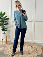 Sweater Knit Button Front Henley In Antique Aqua