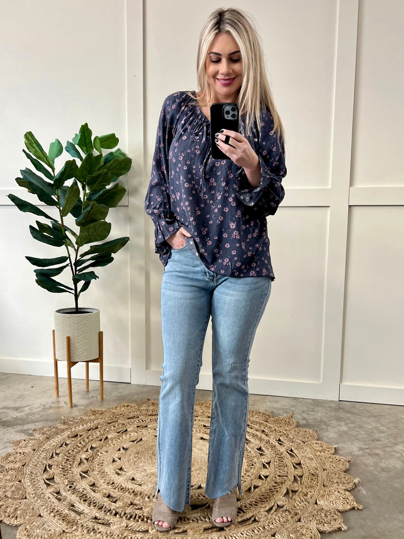 Ditsy Dot Floral Top In Navy & Plum