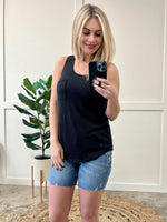 Ribbed Knit Black Sleeveless Top With Chest Pocket