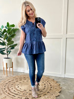 Savanna Jane Embroidered Tie Front Blouse In Dusty Blue