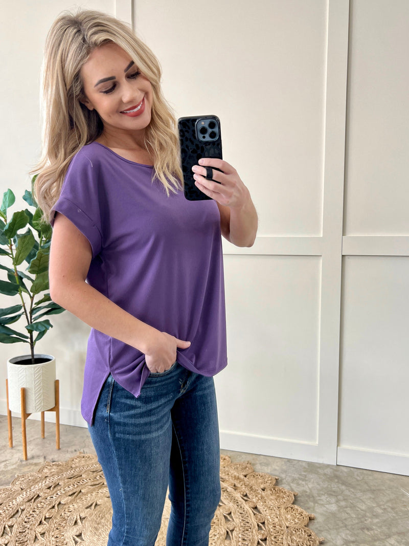 Royal Purple Pinned Sleeve Top With Side Slits