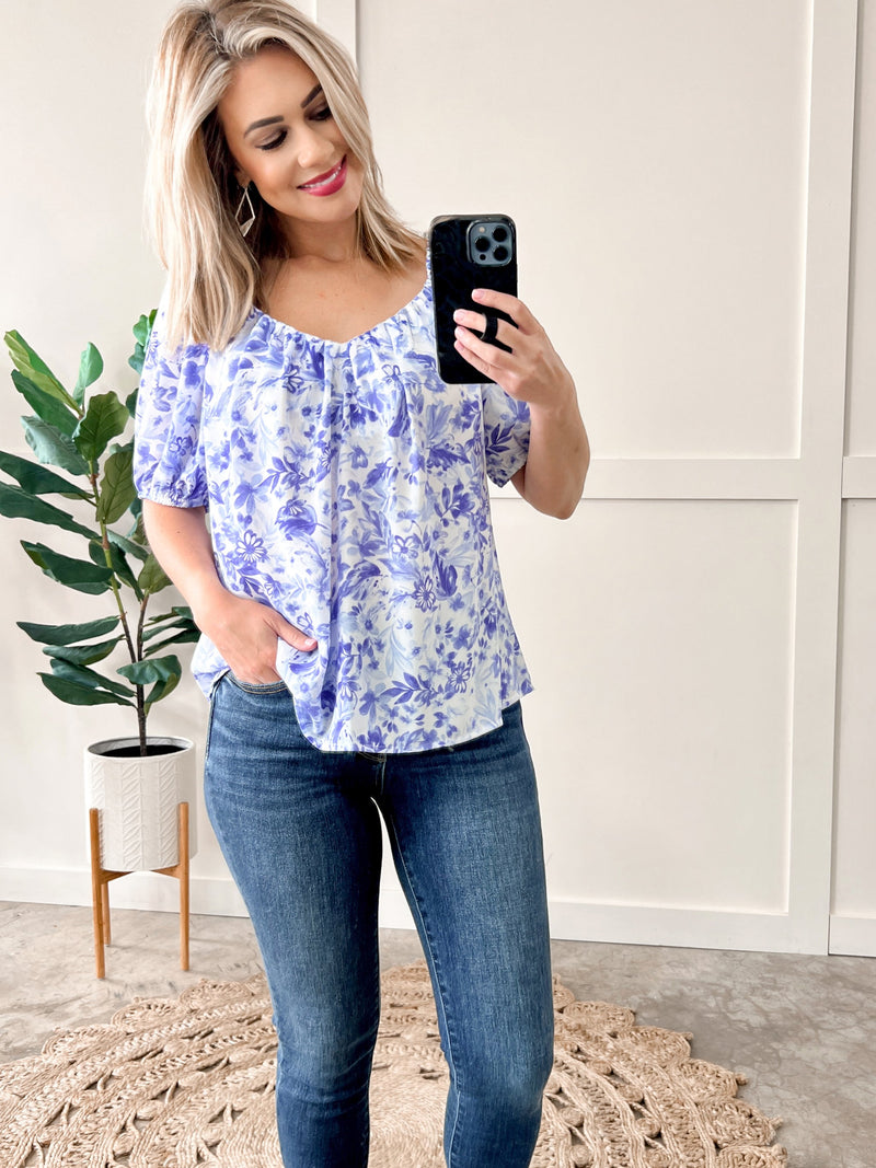 Sweetheart Neckline Blouse In Porcelain & Blue Floral