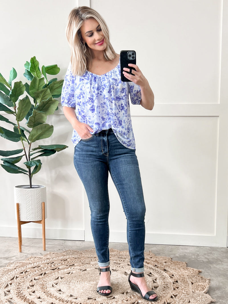 Sweetheart Neckline Blouse In Porcelain & Blue Floral