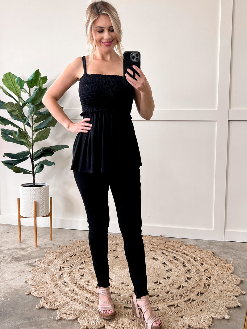 Smocked Sleeveless Top In Black