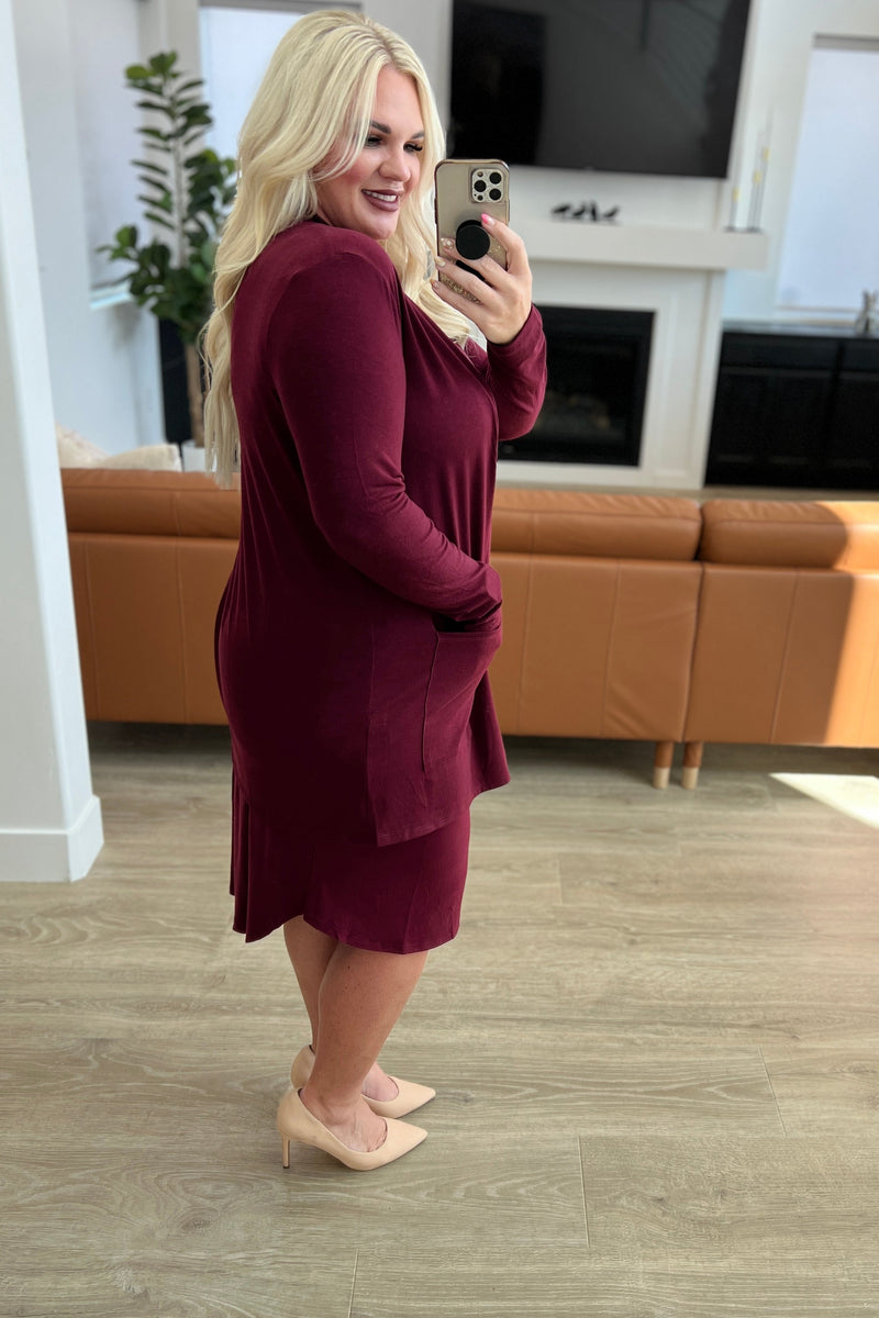 Burgundy dress hot sale with cardigan