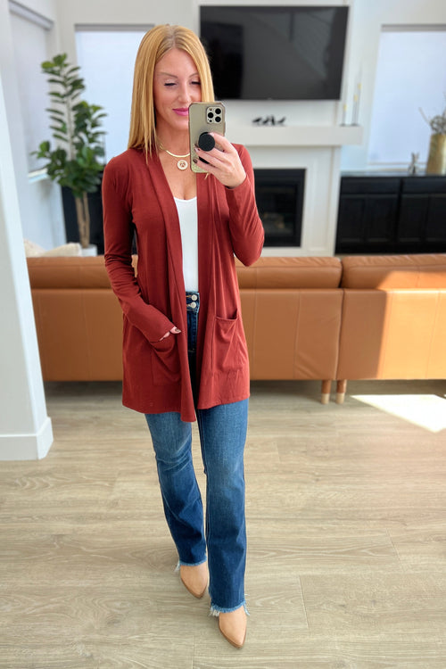 Slouchy Pocket Open Cardigan in Dark Rust