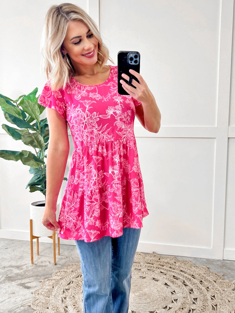 Tiered Tunic Top In Hot Pink Florals