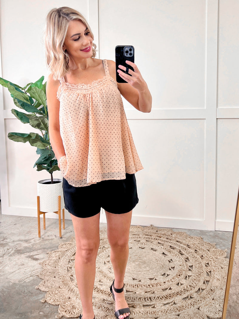 Polka Dot Cami With Lace Trim In Peachy Pink