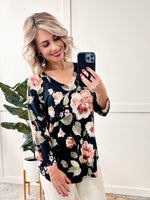 V Neck Floral Top In Black Rose & Olive