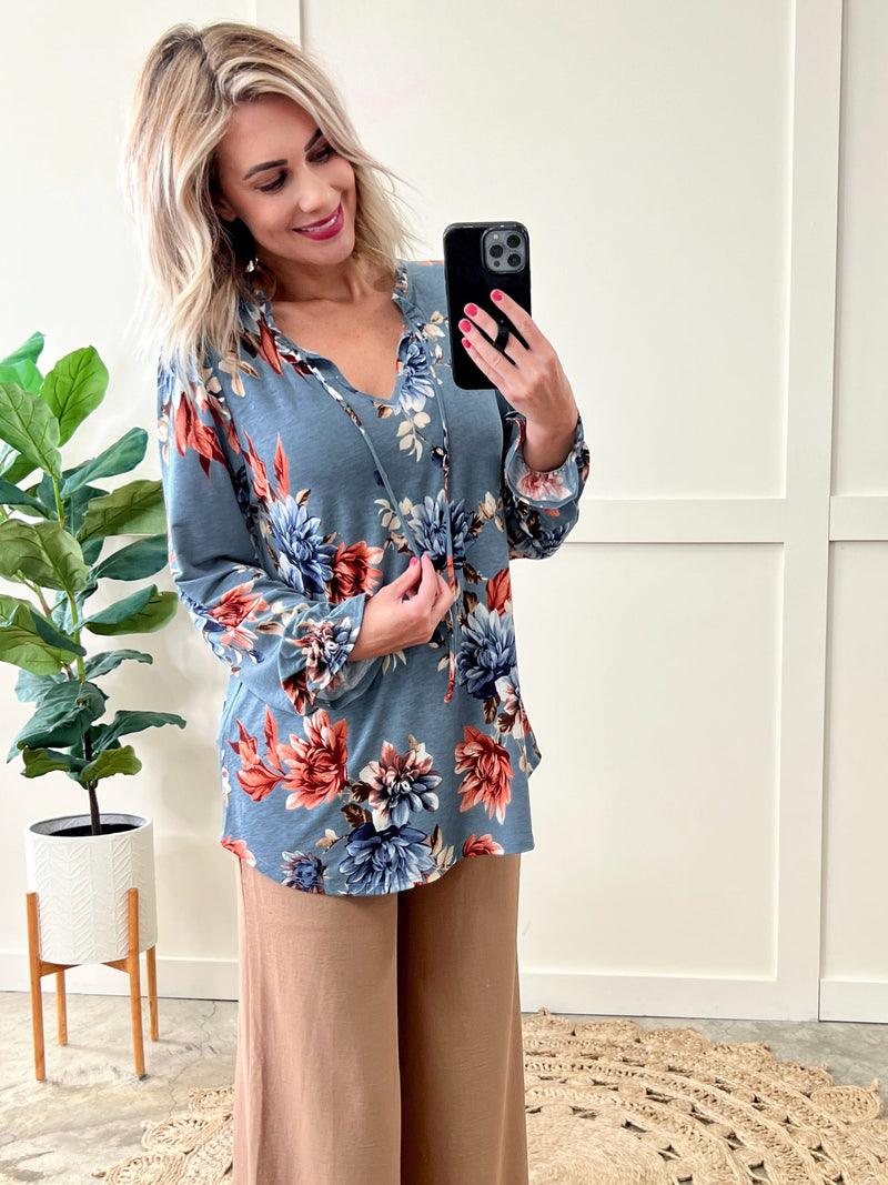 Tie Front Floral Top In Persian Blue