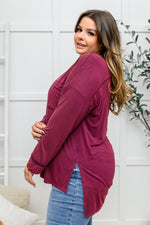 Long Sleeve Knit Top With Pocket In Burgundy BF35