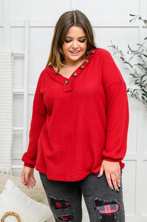 Long Sleeve Waffle Knit Top In Cranberry