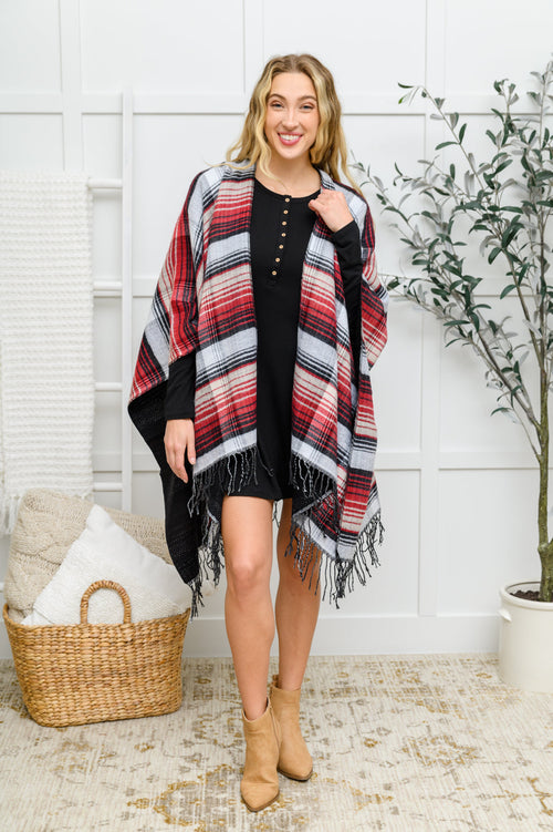 Plaid Fringe Trimmed Open Poncho In Merlot