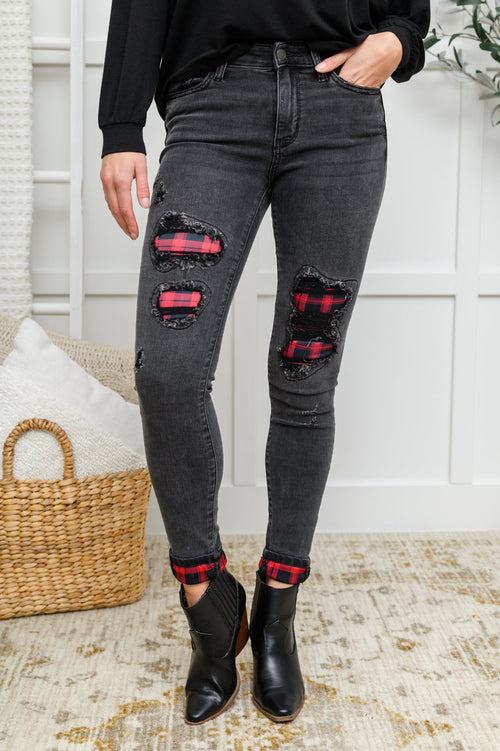 Plaid Peek-A-Boo Jeans in Charcoal AVE30