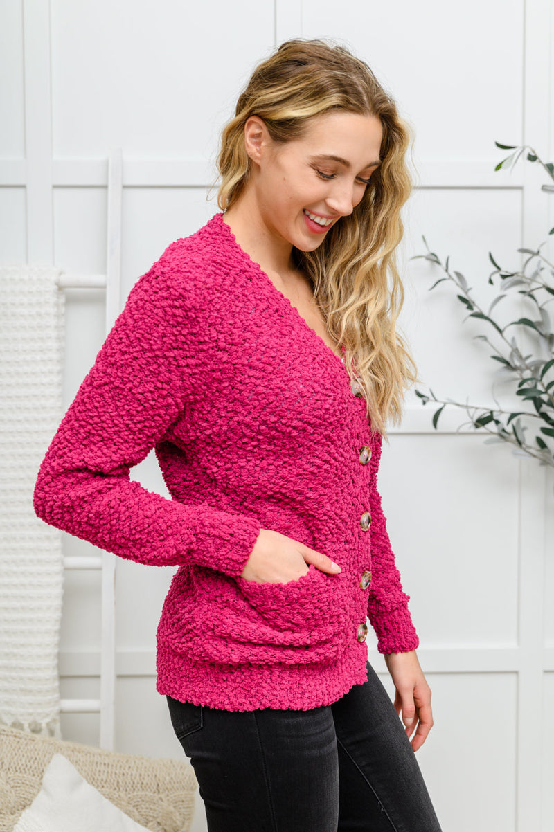 Popcorn Knit Cardigan In Magenta