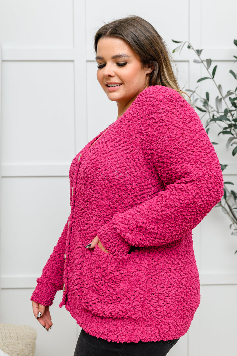 Popcorn Knit Cardigan In Magenta