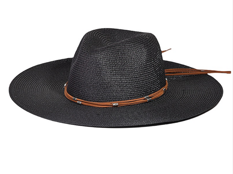 #M603 Beaded Leather Band Fedora Hat (Black)