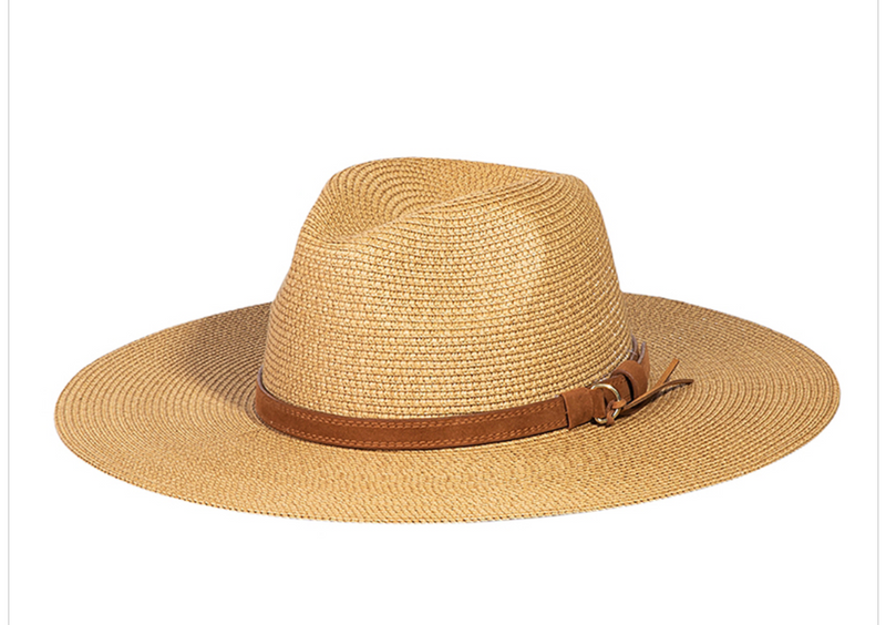 #M606 Faux Leather Belt Straw Fedora Hat (Tan)