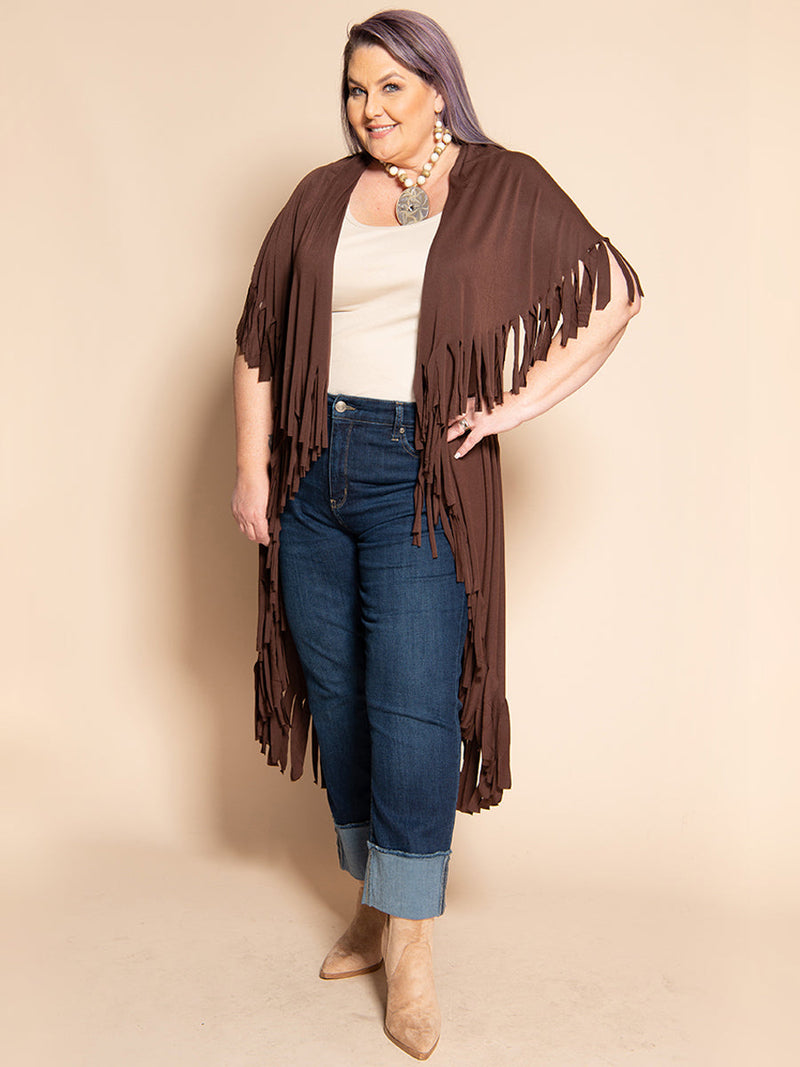 #P887 LONG FRINGE Convertible Shawl -CHOCOLATE