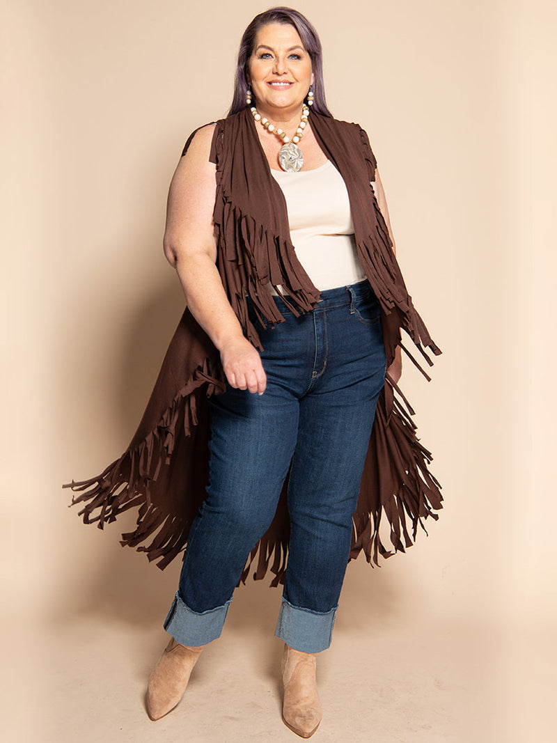 #P887 LONG FRINGE Convertible Shawl -CHOCOLATE