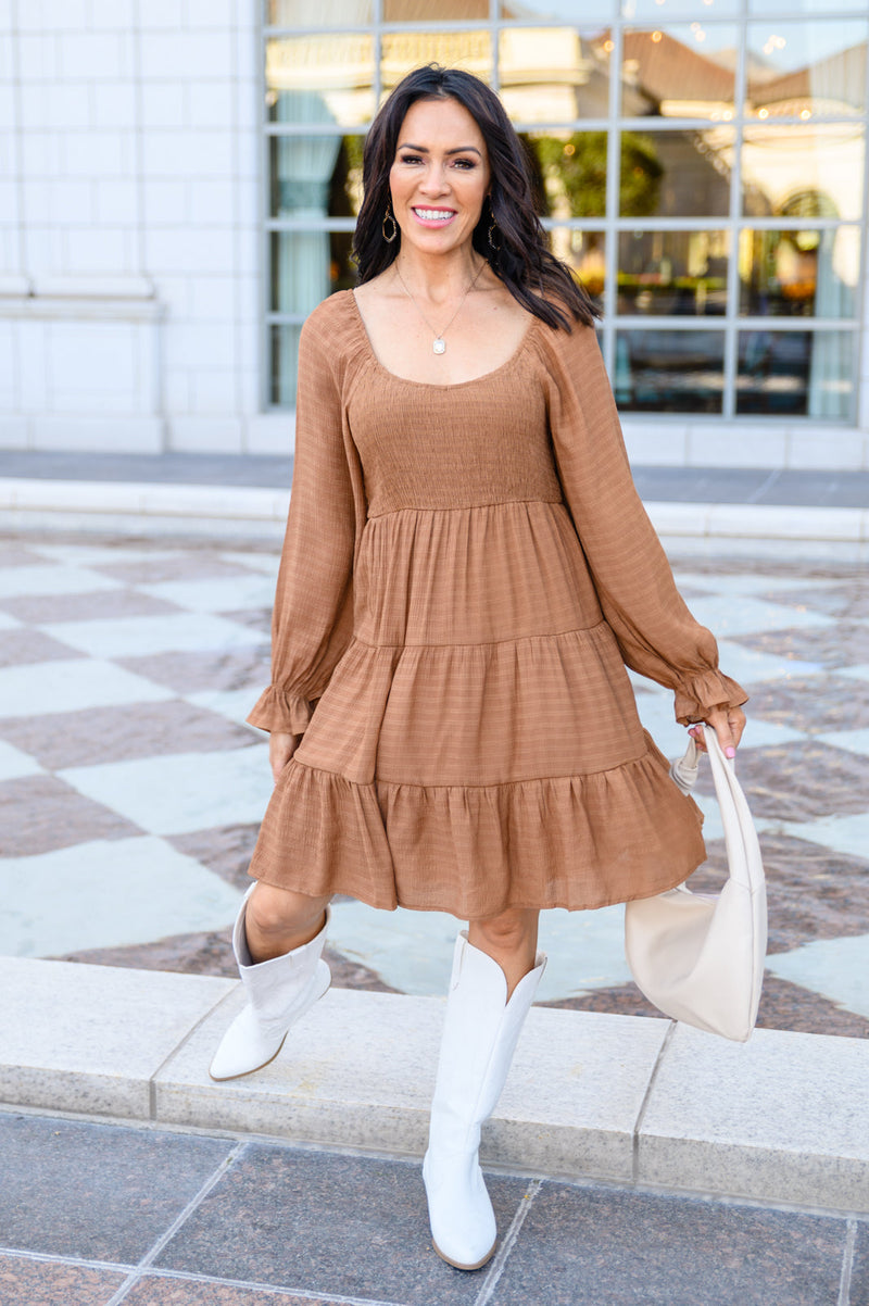 tiered camel dress outfit ideas, brown dress outfit ideas, tiered dress