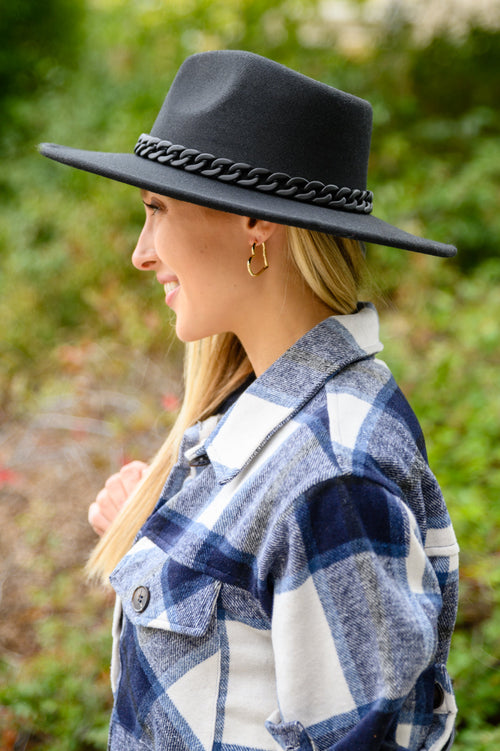 Zaya Black Wide Brim Fedora With Chain Trim