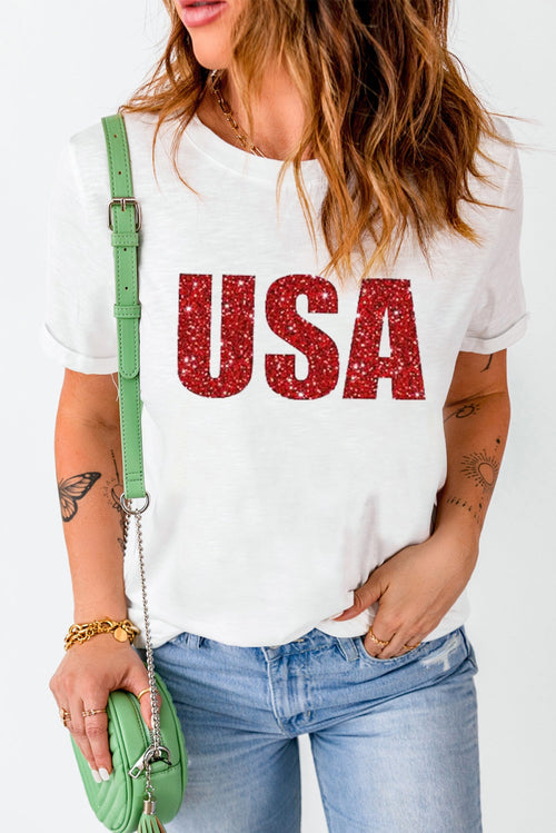 USA Glitter Print Short Sleeve Round Neck T Shirt